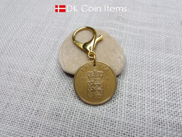 Denmark 1951 coin charm with 73 year old golden Crown Coat of Arms 2 kroner as coin pendant. 73rd birthday gift. Danish vintage souvenir