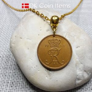 Denmark 1968 coin necklace with 56 year old Crown R initial 5 ore as coin pendant. 56th birthday gift. Danish vintage souvenir