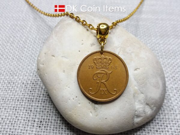 Denmark 1968 coin necklace with 56 year old Crown R initial 5 ore as coin pendant. 56th birthday gift. Danish vintage souvenir