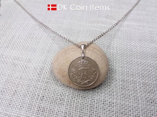 Denmark R-initial 1950 coin necklace with 74 year old 25 ore as coin pendant on pinch bail with snap lock. Cord/Chain options