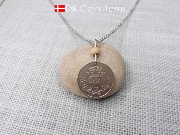 Denmark R-initial 1950 coin necklace with 74 year old 25 ore as coin pendant on wire with tree bead. Cord/Chain options