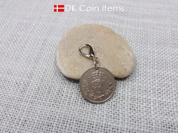 Denmark R-initial 1950 coin charm with 74 year old 25 ore as coin pendant on 18mm lobster claw clasp