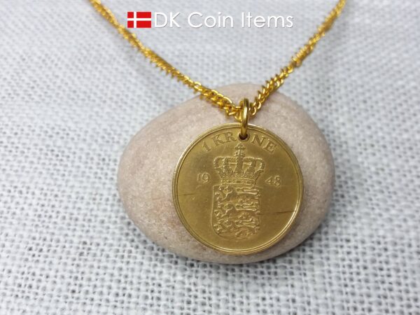 Denmark 1948 coin necklace with golden 76 year old Coat of Arms 1 krone as coin pendant. Cord/Chain options