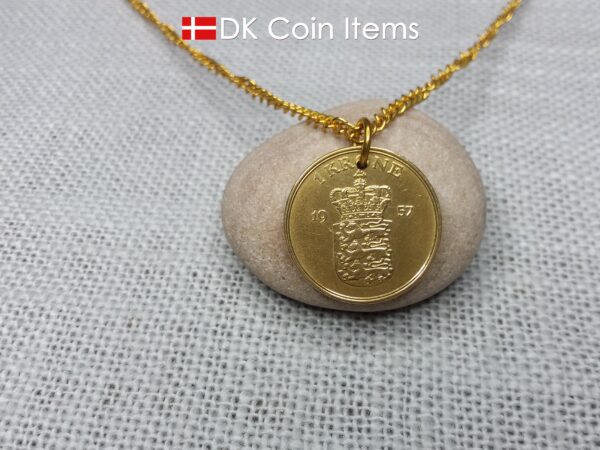 Denmark 1957 coin necklace with golden 67 year old Coat of Arms 1 krone as coin pendant. Cord/Chain options