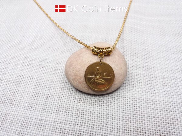 Denmark Mermaid necklace. The Danish Little Mermaid statue on Copenhagen vintage fare token. Chain included