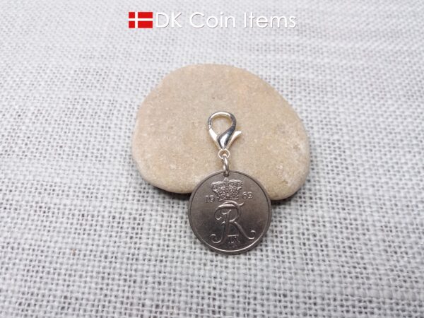 Denmark 1962 R-initial coin charm with 62 year old 25 ore as coin pendant on 18mm lobster claw clasp