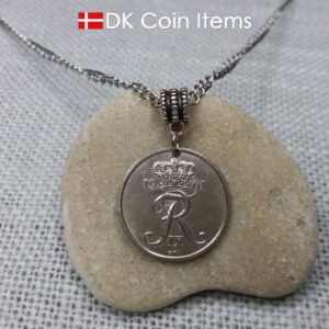 Denmark 1961 coin necklace with 63 year old Crown R initial 25 ore as coin pendant. 63rd birthday gift. Danish vintage souvenir