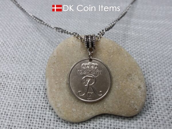 Denmark 1961 coin necklace with 63 year old Crown R initial 25 ore as coin pendant. 63rd birthday gift. Danish vintage souvenir