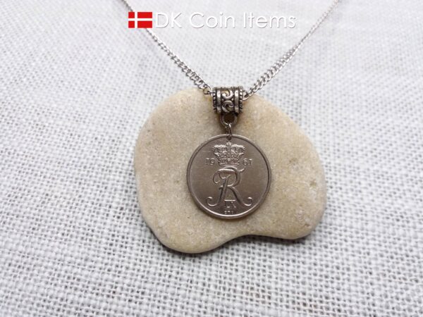 Denmark 1961 coin necklace. 63 year old Crown R initial 25 ore as coin pendant. 63rd birthday gift. Danish vintage souvenir