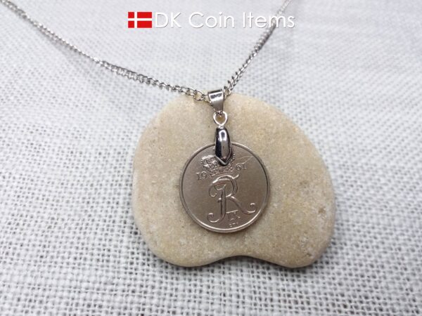 Denmark 1961 coin pendant necklace with 63 year old Crown R initial 25 ore. 63rd birthday gift. Danish vintage souvenir