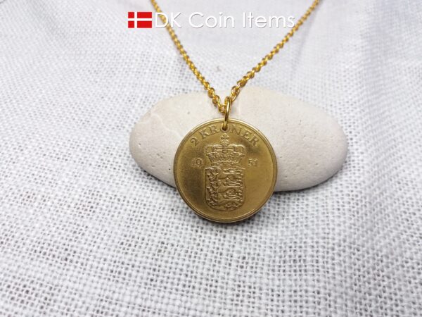 Denmark 1951 coin necklace with 73 year old golden Coat of Arms coin pendant with Royal Crown 2 krone. 73rd birthday gift. Vintage souvenir