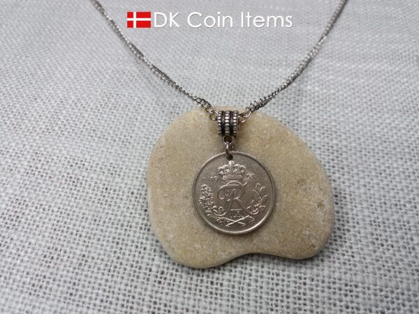 Denmark 1958 coin pendant necklace with 66 year old Crown R initial 25 ore as coin pendant. 66th birthday gift. Danish vintage souvenir