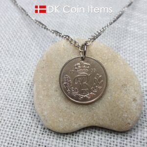 Denmark 1955 coin pendant necklace with 69 year old Crown R initial 25 ore as coin pendant. 69th birthday gift. Danish vintage souvenir