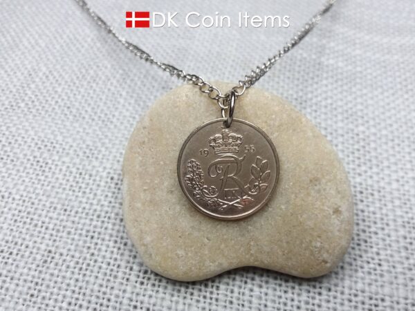 Denmark 1955 coin pendant necklace with 69 year old Crown R initial 25 ore as coin pendant. 69th birthday gift. Danish vintage souvenir