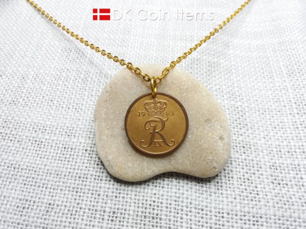 Denmark 1963 coin pendant necklace with Crown R initial. 61 year old 5 ore. 61st birthday gift. Danish vintage souvenir