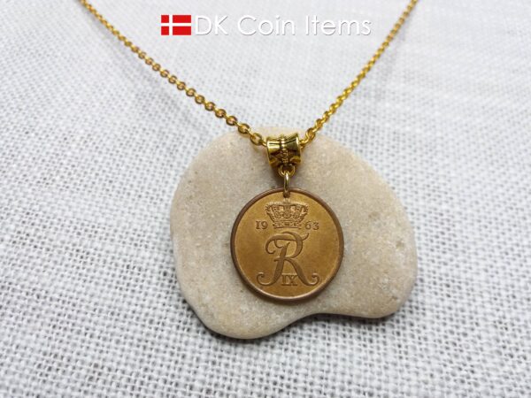 Denmark 1963 coin necklace with Crown R initial. 61 year old 5 ore pendant. 61st birthday gift. Danish vintage souvenir