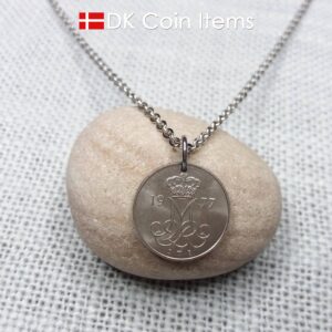 Denmark 1977 coin pendant necklace with Crown M initial. 47 year old 10 ore. 47th birthday gift. Danish vintage souvenir