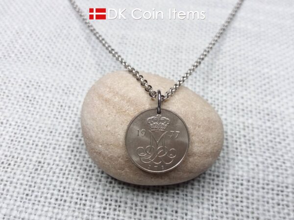 Denmark 1977 coin pendant necklace with Crown M initial. 47 year old 10 ore. 47th birthday gift. Danish vintage souvenir