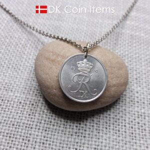 Denmark 1970 coin necklace with 54 year old Crown R initial 2 ore as coin pendant. Unique 54th birthday gift or Danish vintage souvenir