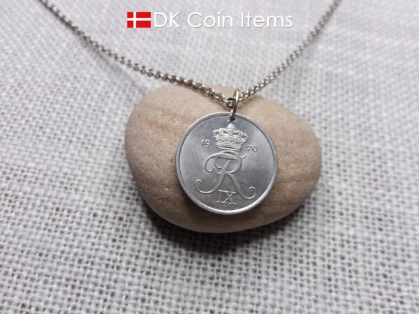 Denmark 1970 coin necklace with 54 year old Crown R initial 2 ore as coin pendant. Unique 54th birthday gift or Danish vintage souvenir