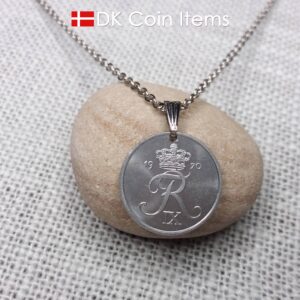 Denmark 1970 coin pendant necklace with 54 year old Crown R initial 2 ore. Unique 54th birthday gift or Danish vintage souvenir