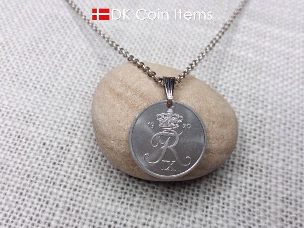 Denmark 1970 coin pendant necklace with 54 year old Crown R initial 2 ore. Unique 54th birthday gift or Danish vintage souvenir