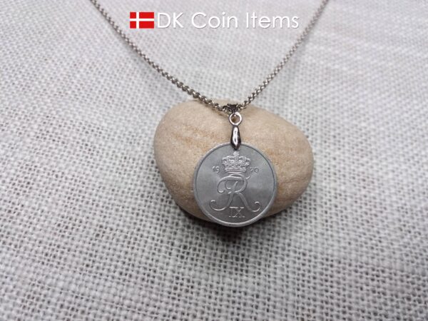 1970 coin pendant necklace with 54 year old Danish Crown R initial 2 ore. Unique 54th birthday gift or Danish vintage souvenir