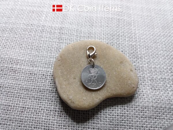 Denmark 1970 coin charm with 54 year old Crown R initial 1 ore as coin pendant. Unique 54th birthday gift or Danish vintage souvenir