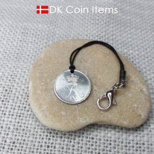 Denmark 1970 coin pendant charm with 54 year old Crown R initial 1 ore. Unique 54th birthday gift or Danish vintage souvenir