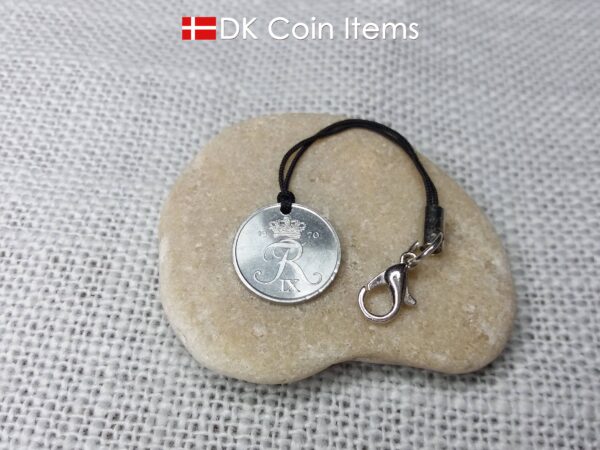 Denmark 1970 coin pendant charm with 54 year old Crown R initial 1 ore. Unique 54th birthday gift or Danish vintage souvenir