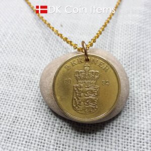 Denmark 1952 coin necklace with 72 year old golden Coat of Arms coin pendant with Royal Crown 2 krone. 72nd birthday gift. Vintage souvenir