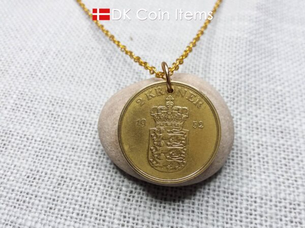 Denmark 1952 coin necklace with 72 year old golden Coat of Arms coin pendant with Royal Crown 2 krone. 72nd birthday gift. Vintage souvenir