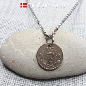 Denmark 1949 coin necklace with 75 year old Crown R initial 10 ore as coin pendant. 75th birthday gift. Danish vintage souvenir