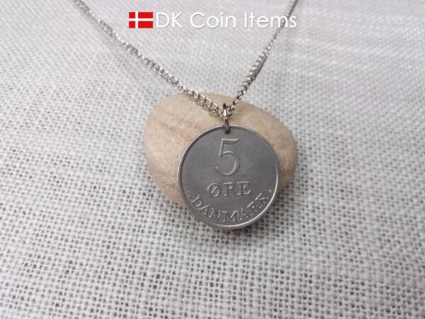 Danish 5 ore coin pendant necklace. 61 year old Crown R initial coin from Denmark 1963. Unique 5th anniversary gift or 61st birthday gift