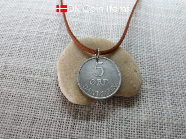 Coin necklace with Danish 5 ore 1963. Crown R initial on 61 year old coin from Denmark. Unique 5th anniversary gift or 61st birthday gift