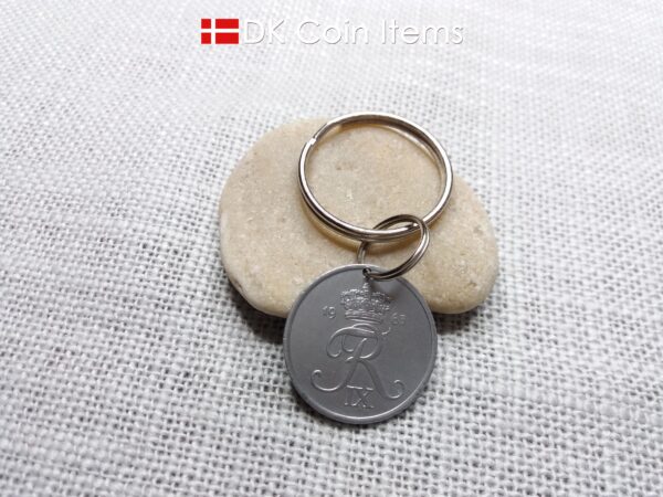 Denmark 1963 coin keychain with 61 year old Crown R initial 5 ore as coin pendant. Unique 61st birthday gift or Danish vintage souvenir