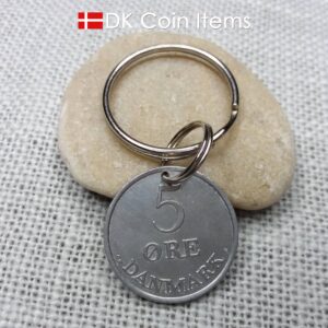 Danish 5 ore coin pendant keychain. 61 year old Crown R initial coin from Denmark 1963. Unique 5th anniversary gift or 61st birthday gift