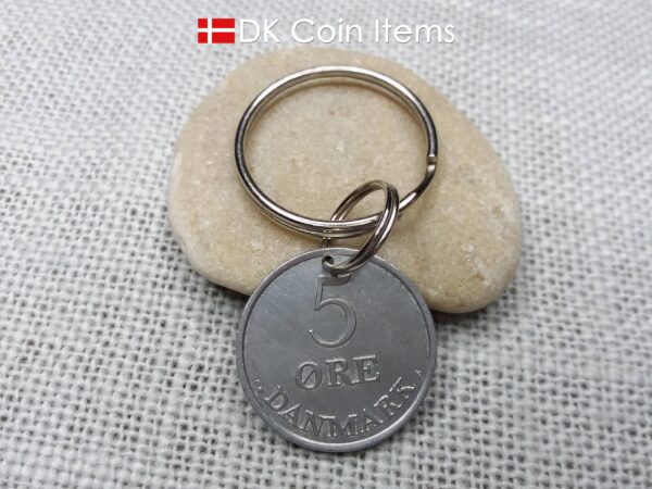 Danish 5 ore coin pendant keychain. 61 year old Crown R initial coin from Denmark 1963. Unique 5th anniversary gift or 61st birthday gift