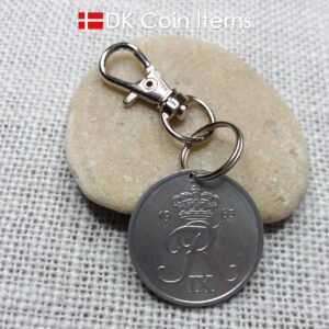 Denmark 1963 coin charm with 61 year old Crown R initial 5 ore as coin pendant. Unique 61st birthday gift or Danish vintage souvenir