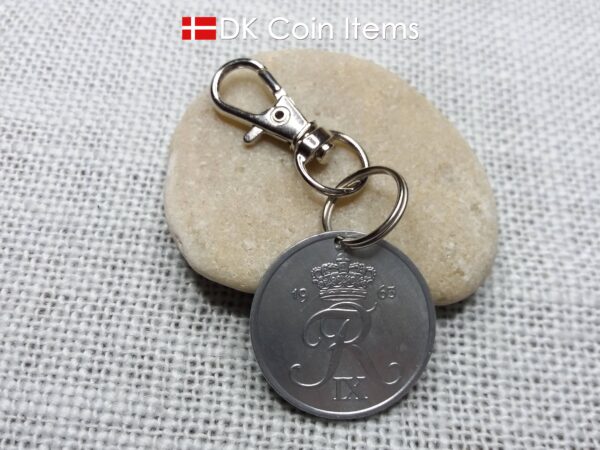 Denmark 1963 coin charm with 61 year old Crown R initial 5 ore as coin pendant. Unique 61st birthday gift or Danish vintage souvenir