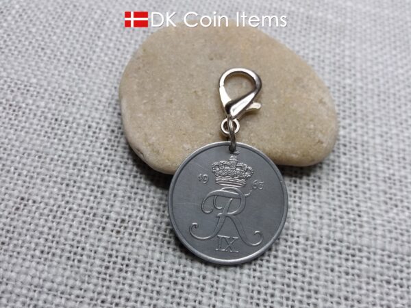 Danish Crown R coin keychain with 61 year old 5 ore 1963 as coin pendant on lobster claw. Vintage souvenir from Denmark