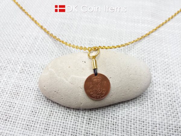 Denmark 1977 coin necklace with 47 year old Crown M initial 5 ore as coin pendant. 47th birthday gift. Danish vintage souvenir