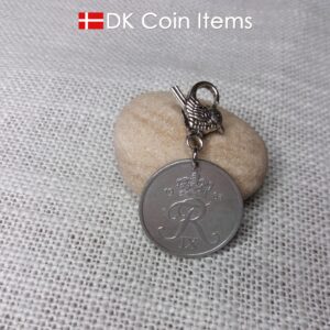 1963 Crown R coin charm with 61 year old 5 ore from Denmark as coin pendant on parrot trigger clip. Danish Vintage souvenir