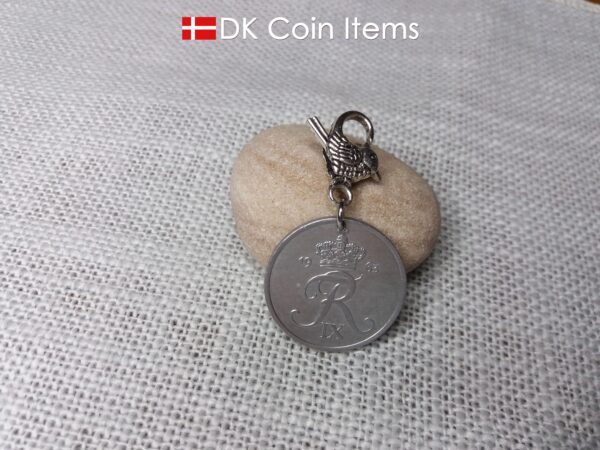 1963 Crown R coin charm with 61 year old 5 ore from Denmark as coin pendant on parrot trigger clip. Danish Vintage souvenir