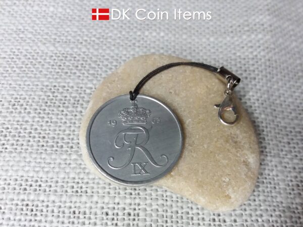 R initial coin charm with 61 year old 5 ore from Denmark as coin pendant on lariat cord strap. Danish 1963 vintage souvenir