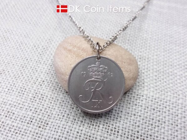 Denmark 1962 Crown R initial coin necklace with 62 year old 5 ore as coin pendant. Unique 62nd birthday gift or Danish vintage souvenir