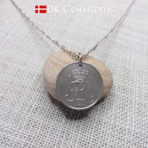 Denmark 1961 Crown R initial coin necklace with 63 year old 5 ore as coin pendant. Unique 63rd birthday gift or Danish vintage souvenir