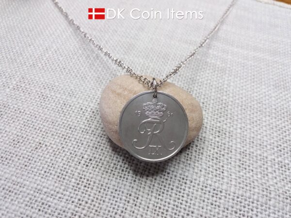 Denmark 1961 Crown R initial coin necklace with 63 year old 5 ore as coin pendant. Unique 63rd birthday gift or Danish vintage souvenir