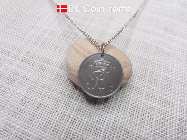 Denmark 1960 Crown R initial coin necklace with 64 year old 5 ore as coin pendant. Unique 64th birthday gift or Danish vintage souvenir