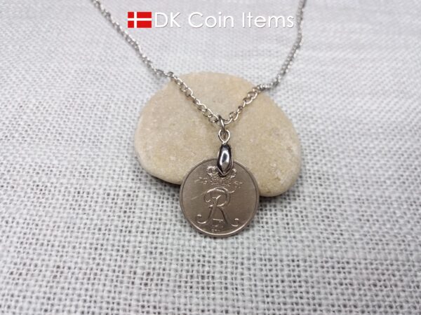 Crown R coin necklace with 63 year old Danish 5 ore 1961 as coin pendant on pinch bail. Vintage souvenir from Denmark